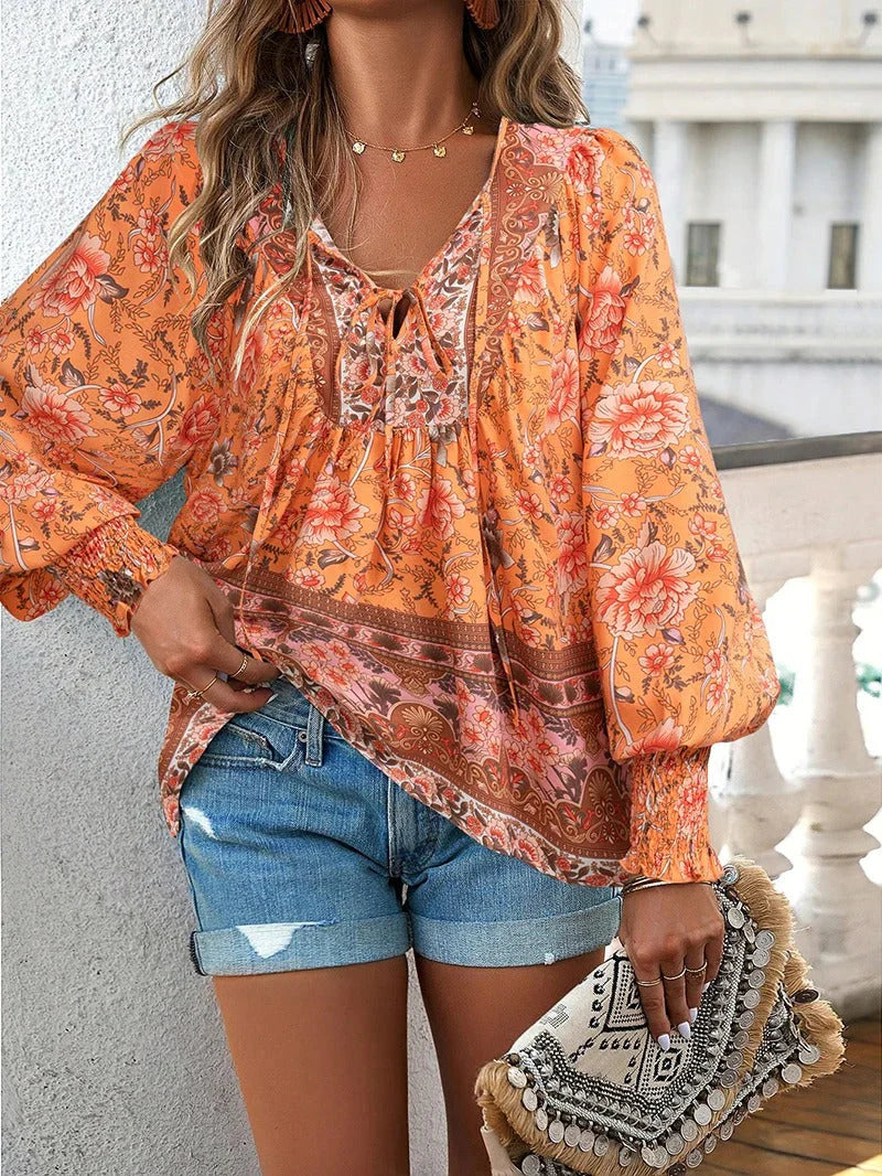 Rosavienne Women's Floral Blouse | V-Neck Long Sleeve Boho Relaxed Fit Top