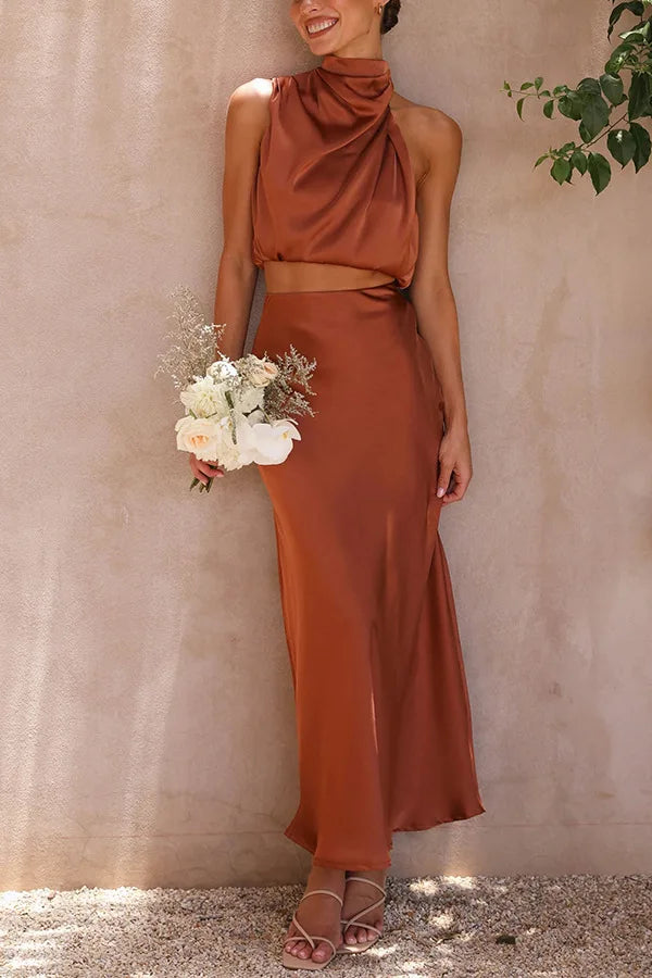 Elara Women's 2-Piece Set | Halter Neck Top with Midi Skirt Elegant Summer Outfit