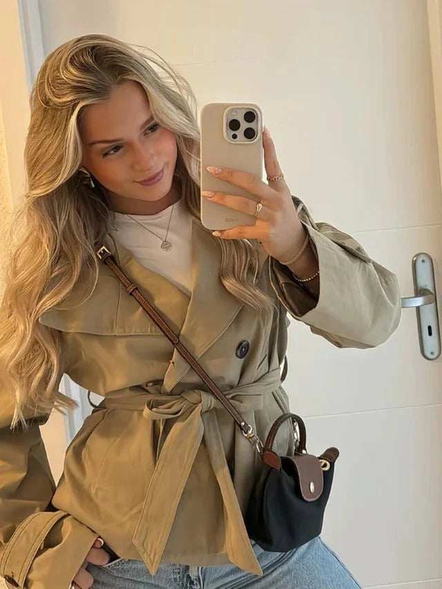 Women's casual trench jacket with self-tie belt and long sleeves for office wear