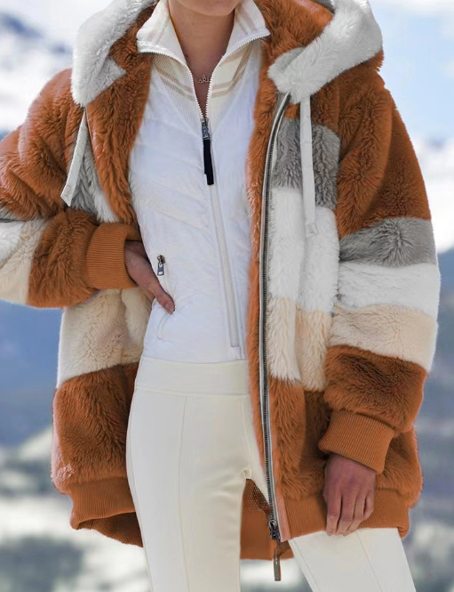 Women's cosy plush jacket in khaki, urban casual winter style