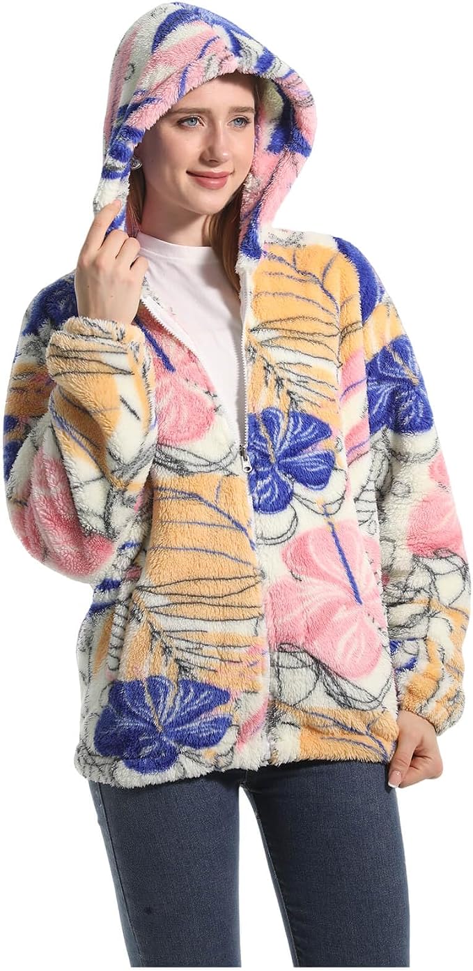 Women's relaxed-fit floral fleece jacket styled with casual basics