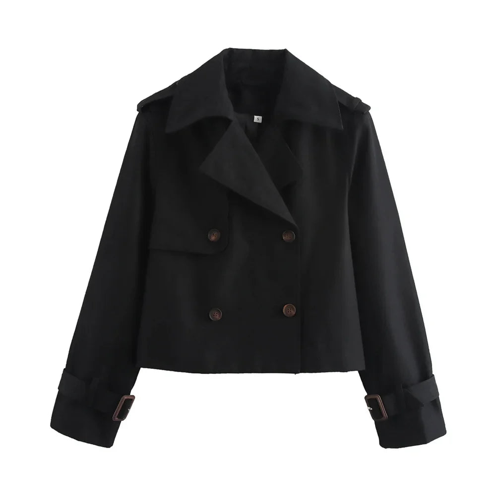 Double-breasted women's jacket in solid brown — contemporary streetwear style