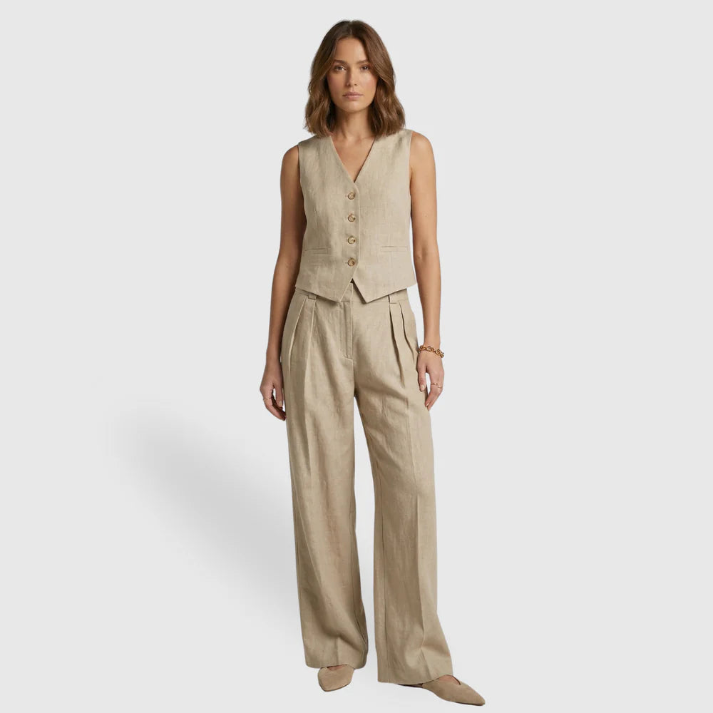 Linévora Women's Linen 2-Piece Set | Sleeveless V-Neck Vest with High-Waist Wide-Leg Trousers
