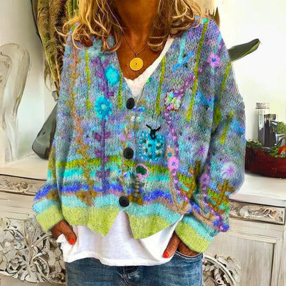 Floravelle Women's Boho Knit Cardigan | Floral Embroidered Open Front Cozy Sweater