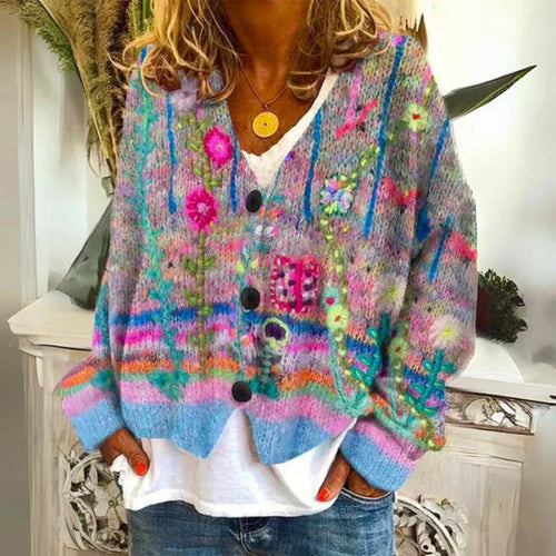 Floravelle Women's Boho Knit Cardigan | Floral Embroidered Open Front Cozy Sweater