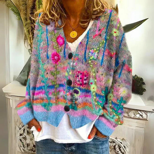 Floravelle Women's Boho Knit Cardigan | Floral Embroidered Open Front Cozy Sweater
