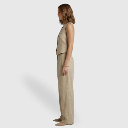 Linévora Women's Linen 2-Piece Set | Sleeveless V-Neck Vest with High-Waist Wide-Leg Trousers