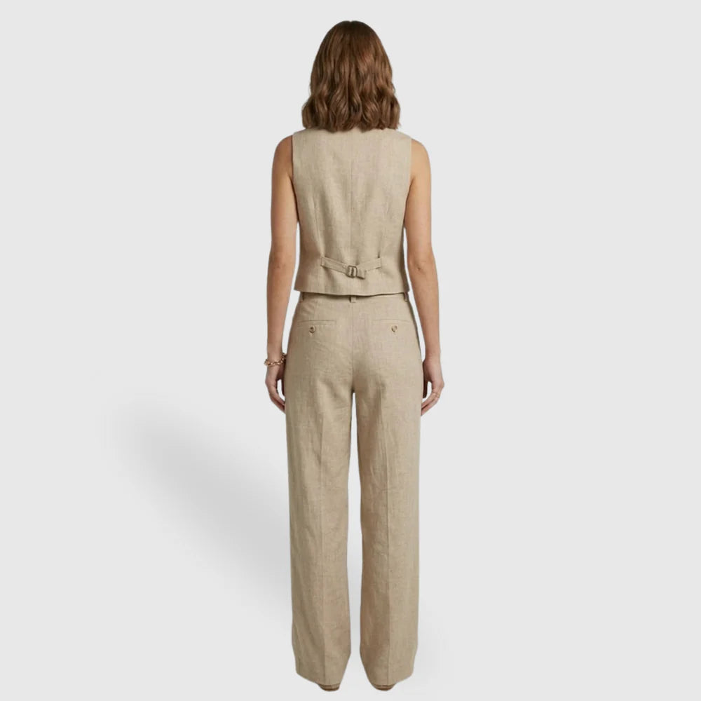 Linévora Women's Linen 2-Piece Set | Sleeveless V-Neck Vest with High-Waist Wide-Leg Trousers