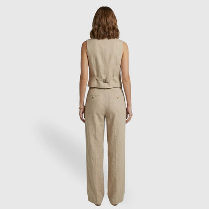 Linévora Women's Linen 2-Piece Set | Sleeveless V-Neck Vest with High-Waist Wide-Leg Trousers