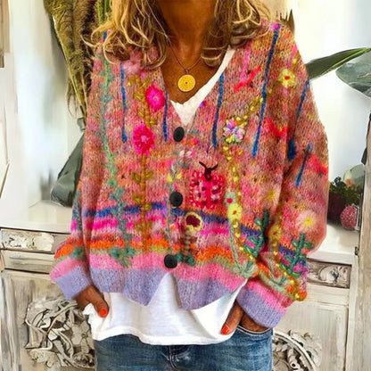 Floravelle Women's Boho Knit Cardigan | Floral Embroidered Open Front Cozy Sweater