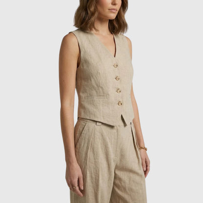 Linévora Women's Linen 2-Piece Set | Sleeveless V-Neck Vest with High-Waist Wide-Leg Trousers