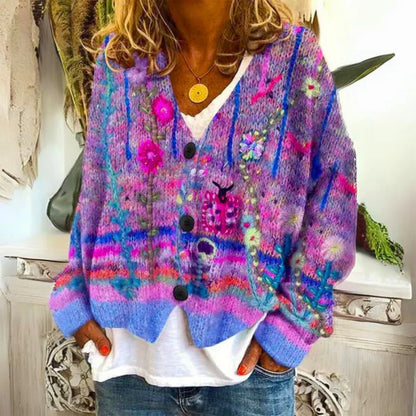 Floravelle Women's Boho Knit Cardigan | Floral Embroidered Open Front Cozy Sweater