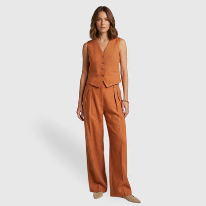 Linévora Women's Linen 2-Piece Set | Sleeveless V-Neck Vest with High-Waist Wide-Leg Trousers