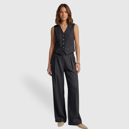 Linévora Women's Linen 2-Piece Set | Sleeveless V-Neck Vest with High-Waist Wide-Leg Trousers