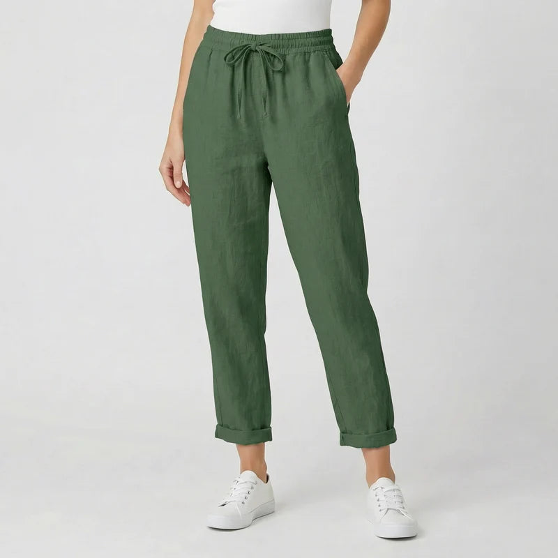 Liora Women's Linen Blend Trousers | Elastic Waist Relaxed Fit Casual Summer Pants