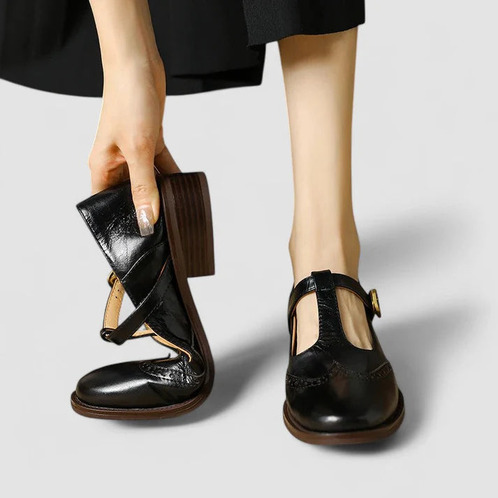 Elowen Women's Leather Mary Jane Flats | Vintage Buckle Comfort Shoes