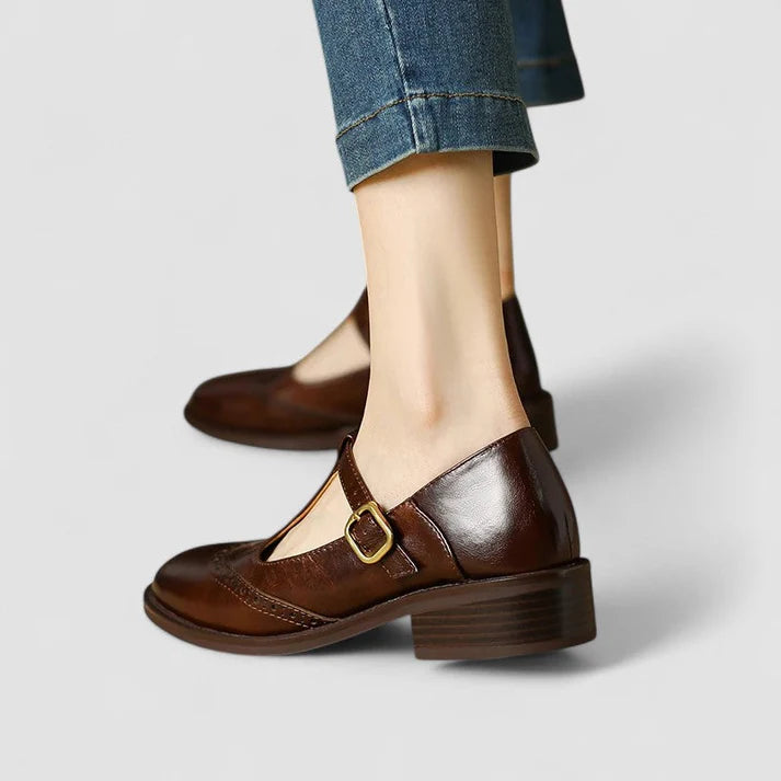 Elowen Women's Leather Mary Jane Flats | Vintage Buckle Comfort Shoes