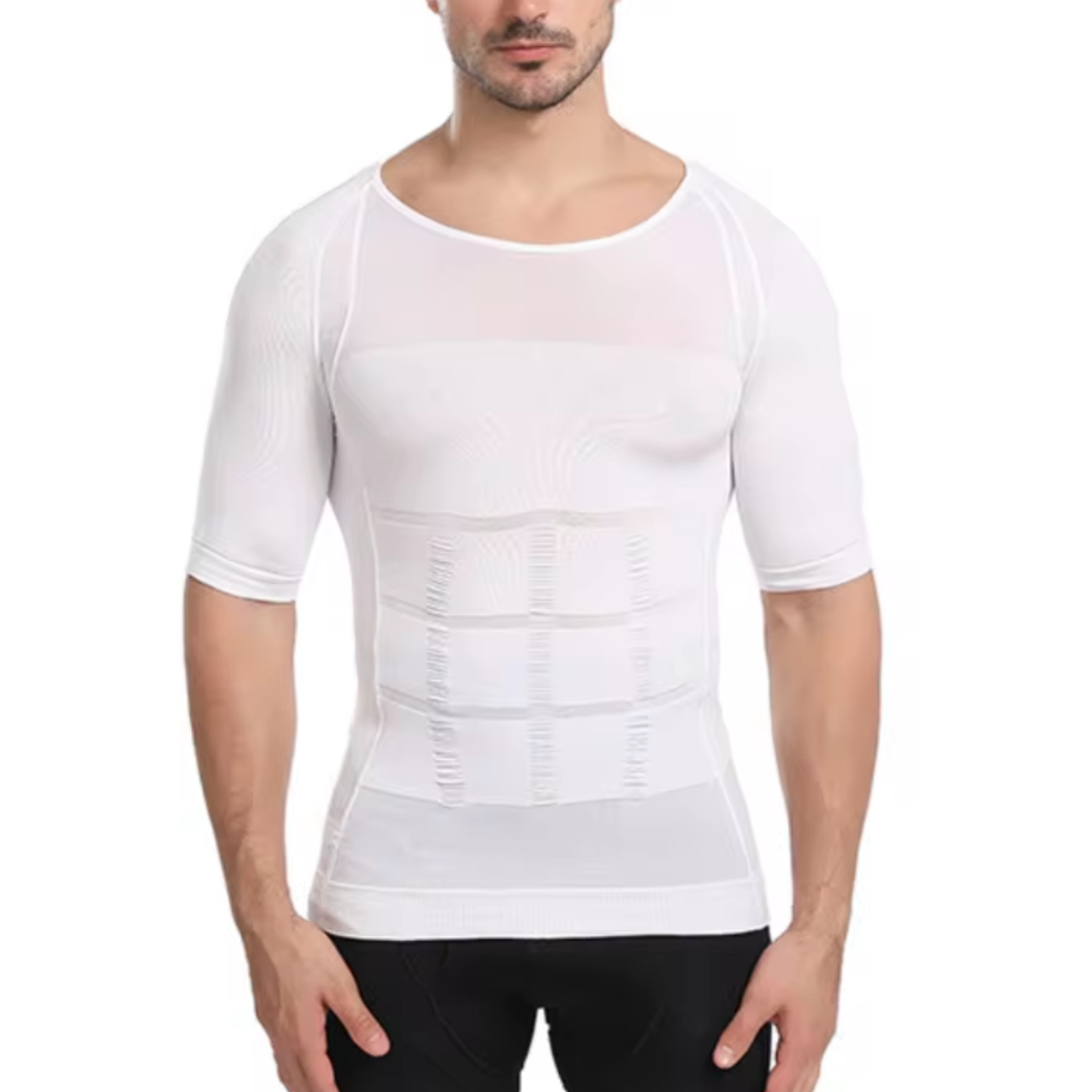 Navy posture shirt detail showing shoulder support area