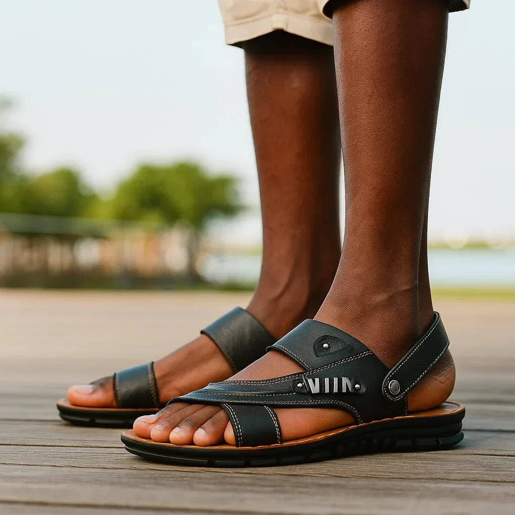 Close-up of Aldric men's sandals showing soft lining and velcro closure