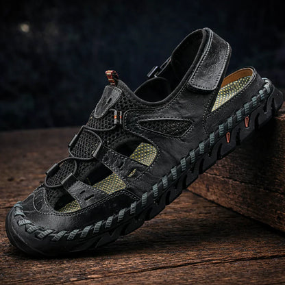 Callum men's leather comfort sandals in black with adjustable buckle closure