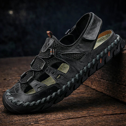 Callum men's leather comfort sandals in black with adjustable buckle closure