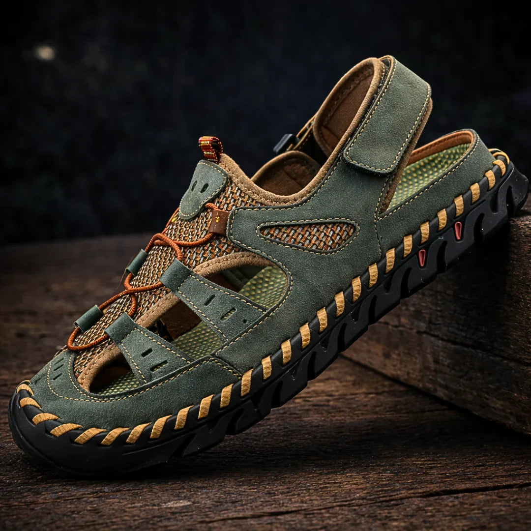 Callum leather sandals in dark brown showing ergonomic sole detail