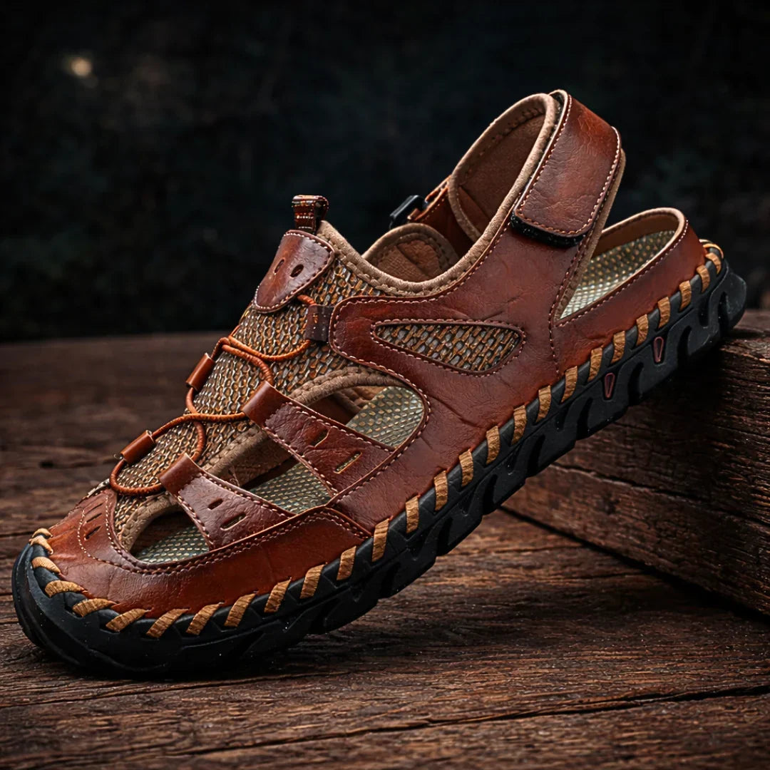 Men's leather sandals with open construction for natural breathability
