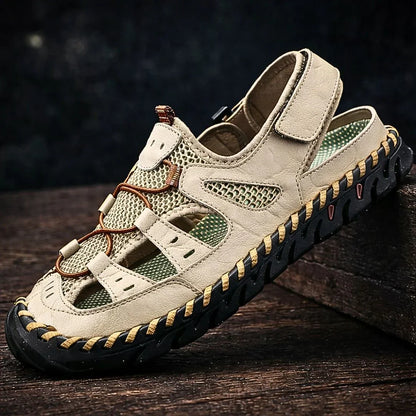 Callum comfort sandals in green — side profile view showing supple leather upper