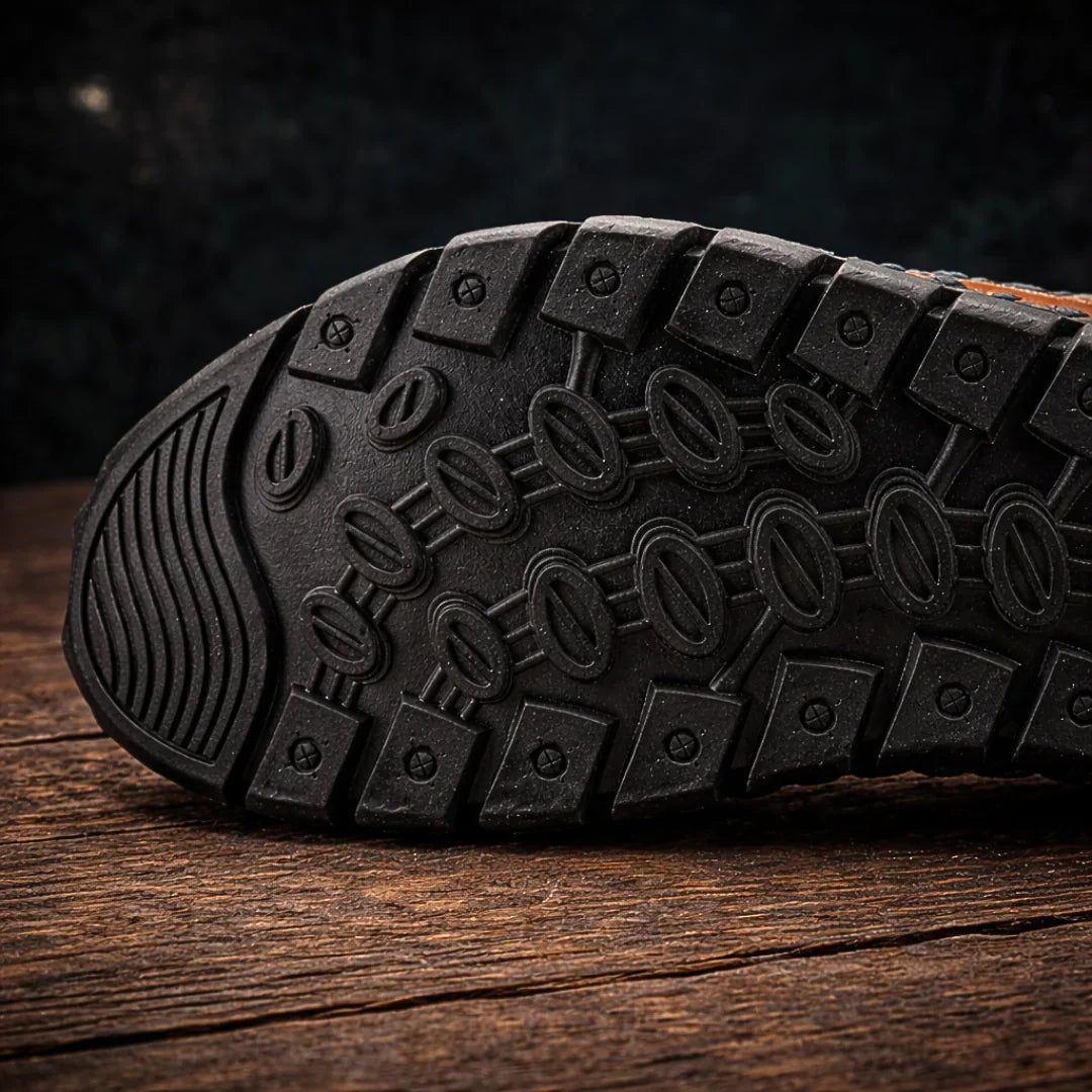 Callum men's leather sandals worn outdoors, sizes 37 to 48 available