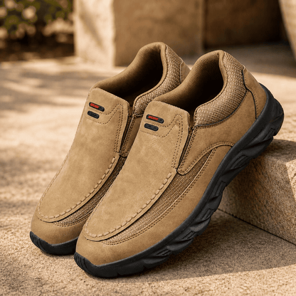 Side view of Callum no-lace men's comfort shoes in light brown