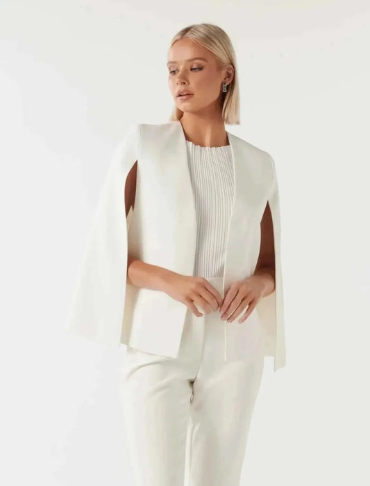 Celeste women's cape blazer in white with open slit sleeves and relaxed fit