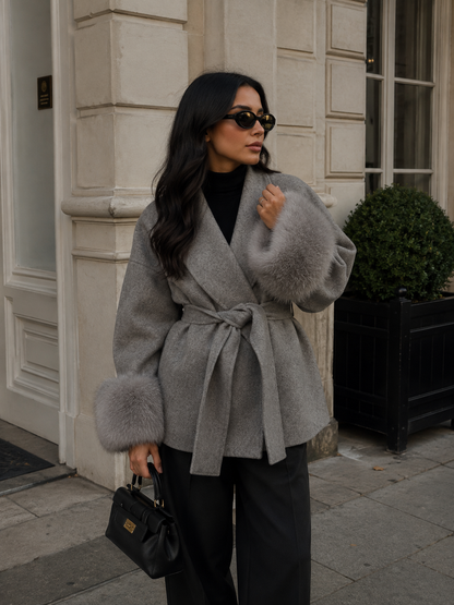 Celeste women's wool short coat with fox fur trim collar and cuffs in gray