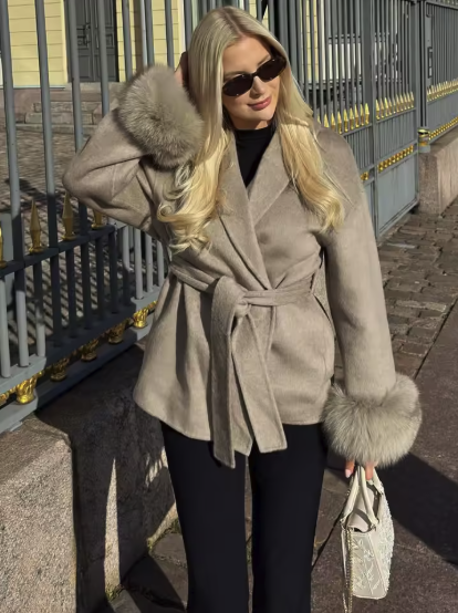 Celeste fully lined wool short coat in brown worn in a city setting