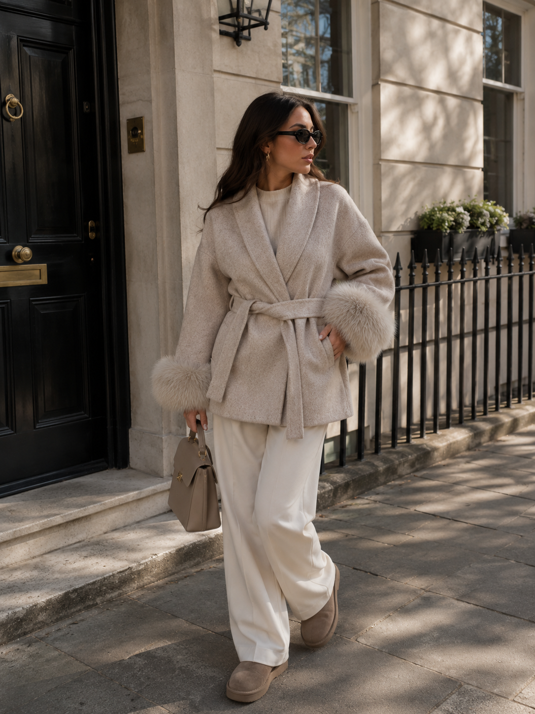 Side profile of Celeste wool coat in sand showing A-line cut