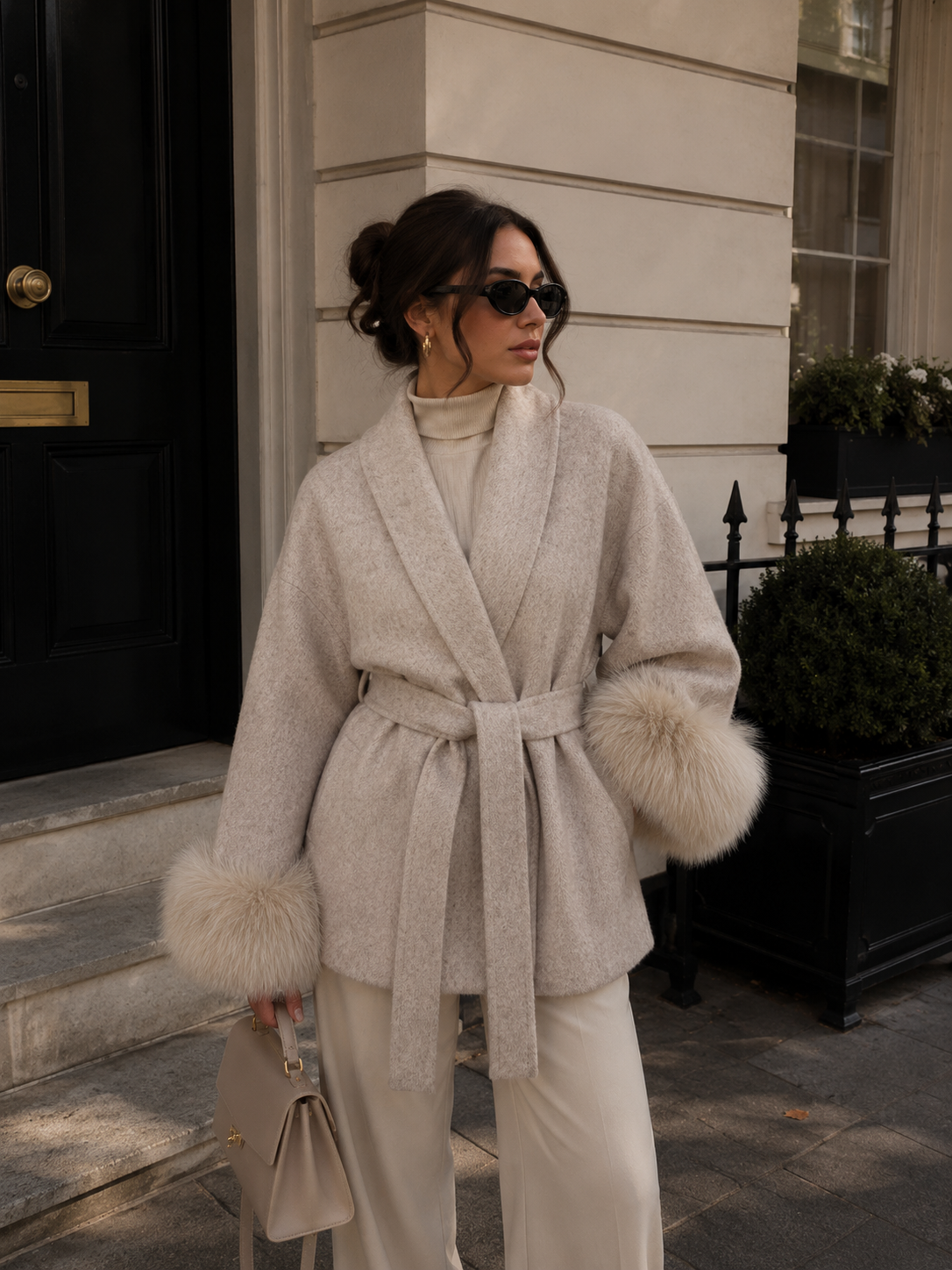 Full-length view of Celeste elegant short coat in gray for office wear