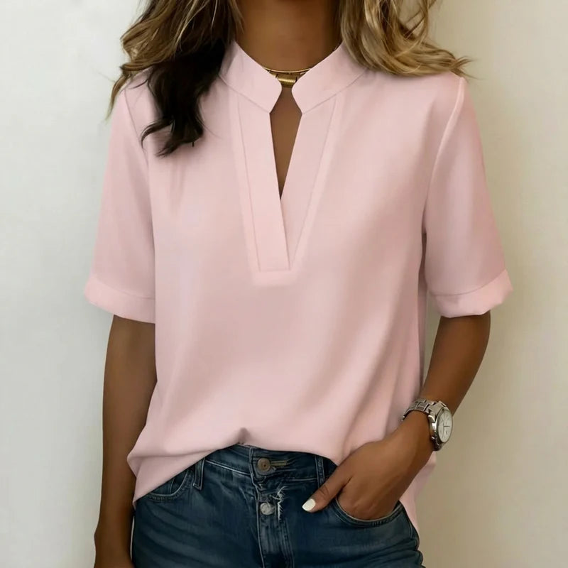 Caelisse Women's Notch Neck Blouse | Short Sleeve Lightweight Elegant Summer Top