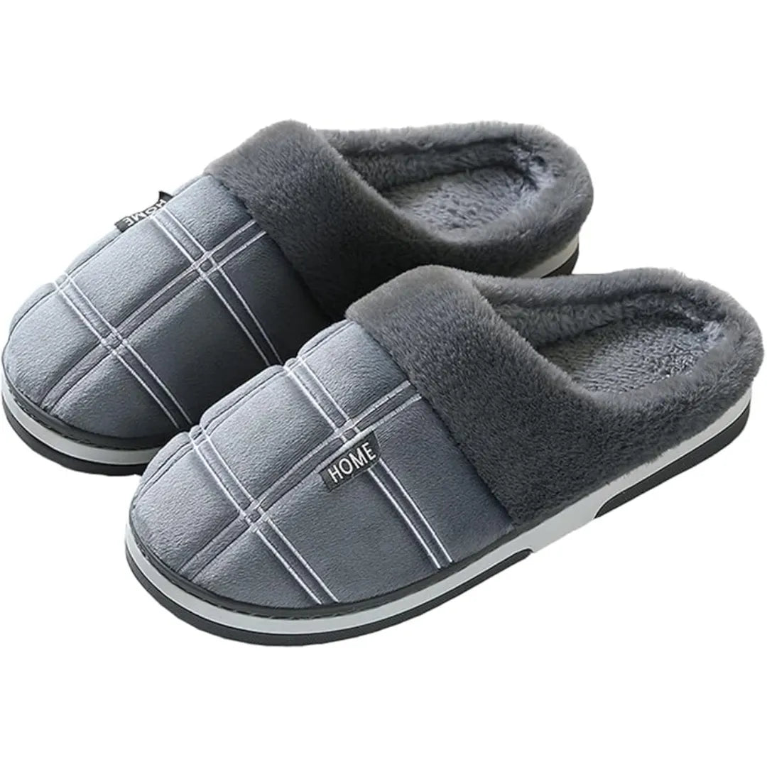 Cozy unisex plush cotton slippers in grey with striped detail