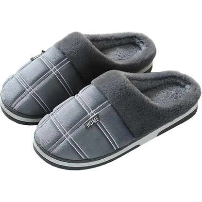 Cozy unisex plush cotton slippers in grey with striped detail