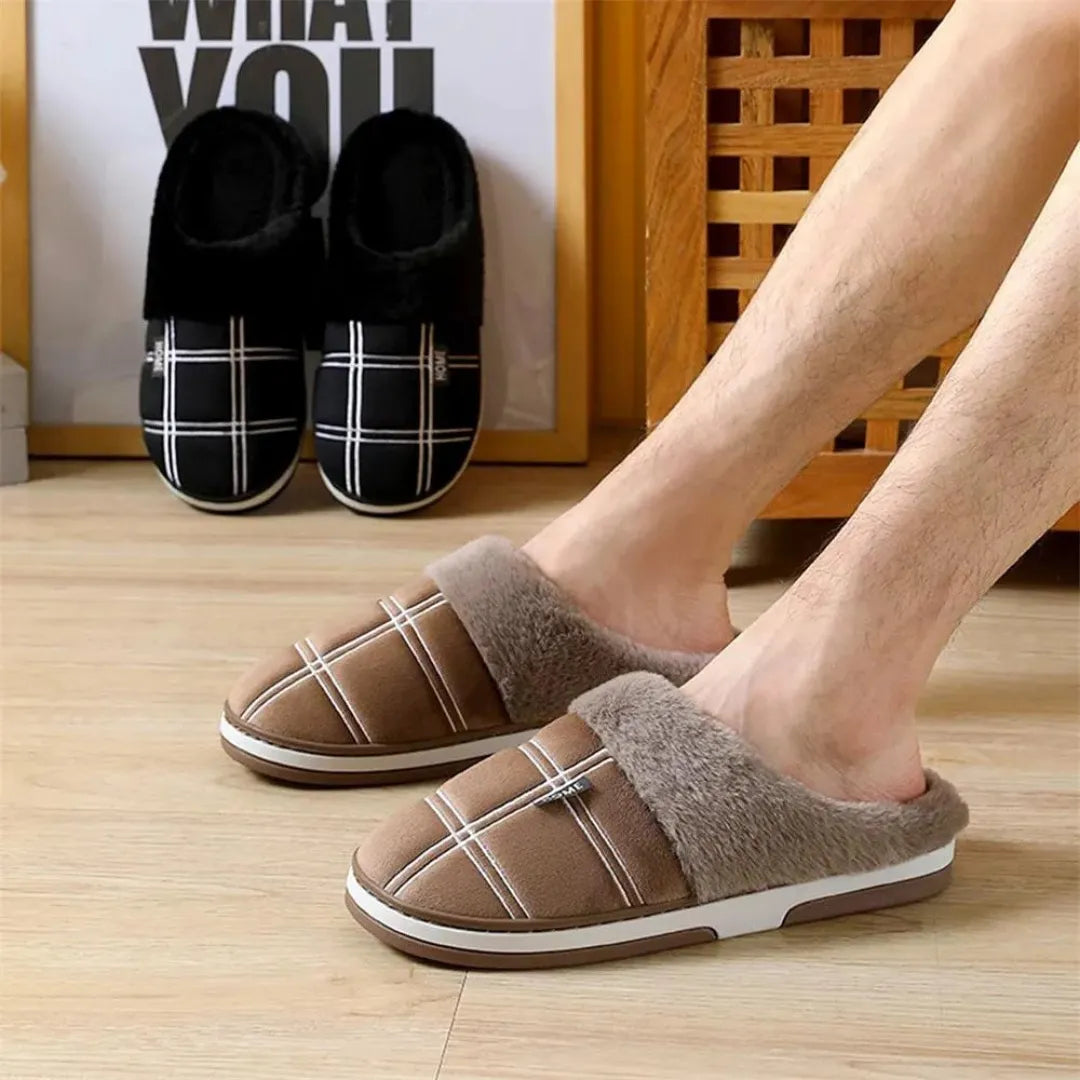 Cozy slippers packaging showing one pair of plush cotton slippers