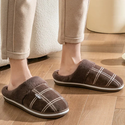 Brown Cozy cotton slippers shown from above highlighting stripe pattern