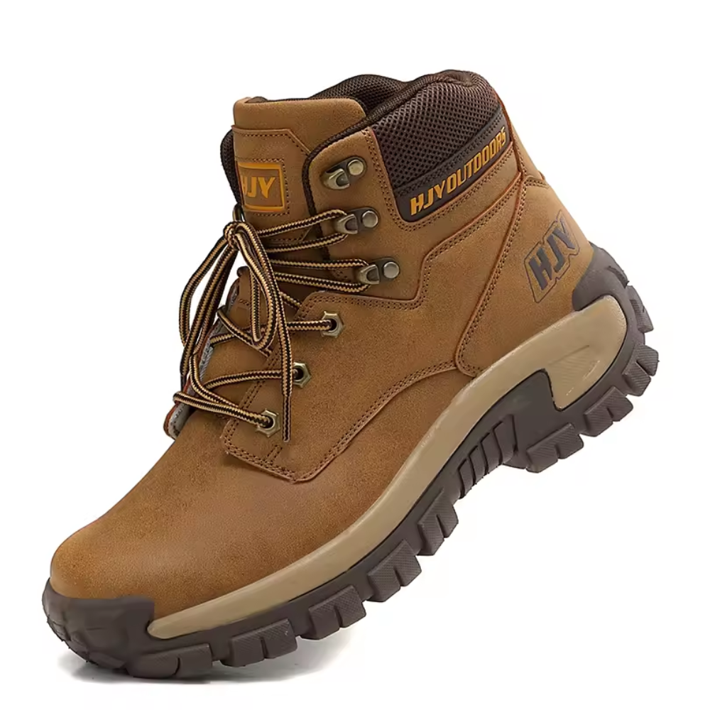 Crestwick green men's outdoor boots displayed on a trail background