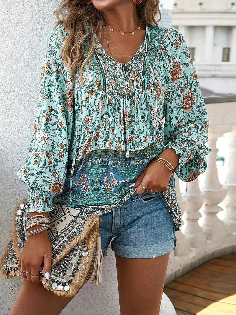 Rosavienne Women's Floral Blouse | V-Neck Long Sleeve Boho Relaxed Fit Top