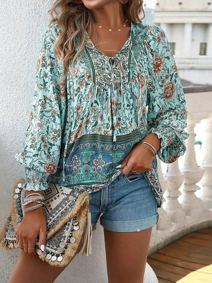Rosavienne Women's Floral Blouse | V-Neck Long Sleeve Boho Relaxed Fit Top