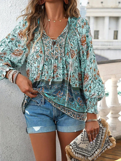Rosavienne Women's Floral Blouse | V-Neck Long Sleeve Boho Relaxed Fit Top