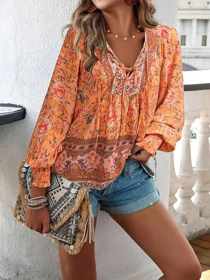 Rosavienne Women's Floral Blouse | V-Neck Long Sleeve Boho Relaxed Fit Top