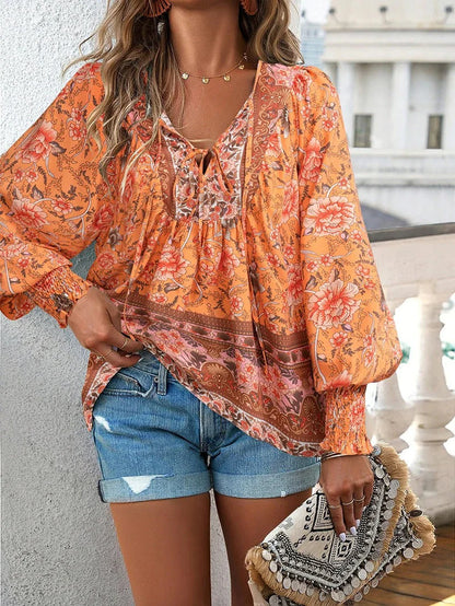 Rosavienne Women's Floral Blouse | V-Neck Long Sleeve Boho Relaxed Fit Top