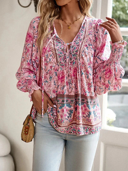 Rosavienne Women's Floral Blouse | V-Neck Long Sleeve Boho Relaxed Fit Top