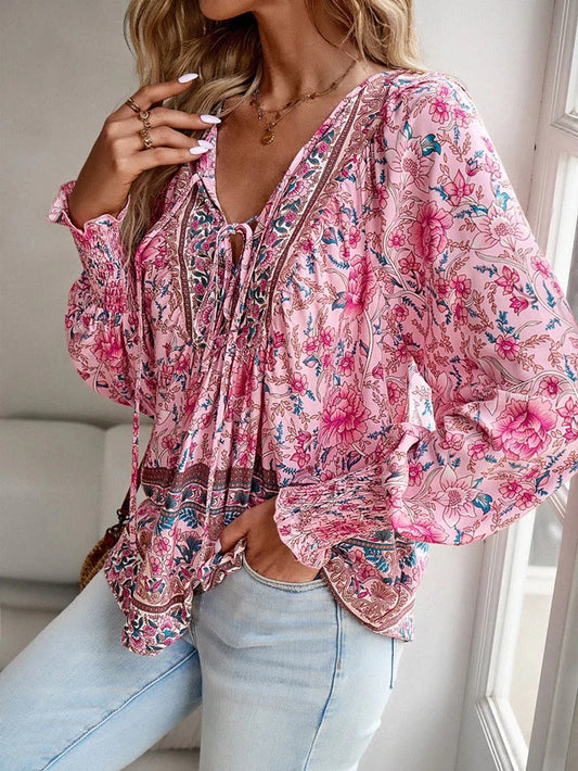 Rosavienne Women's Floral Blouse | V-Neck Long Sleeve Boho Relaxed Fit Top