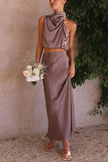 Elara Women's 2-Piece Set | Halter Neck Top with Midi Skirt Elegant Summer Outfit