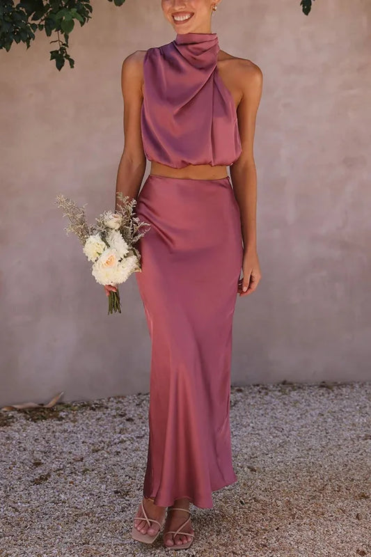 Elara Women's 2-Piece Set | Halter Neck Top with Midi Skirt Elegant Summer Outfit